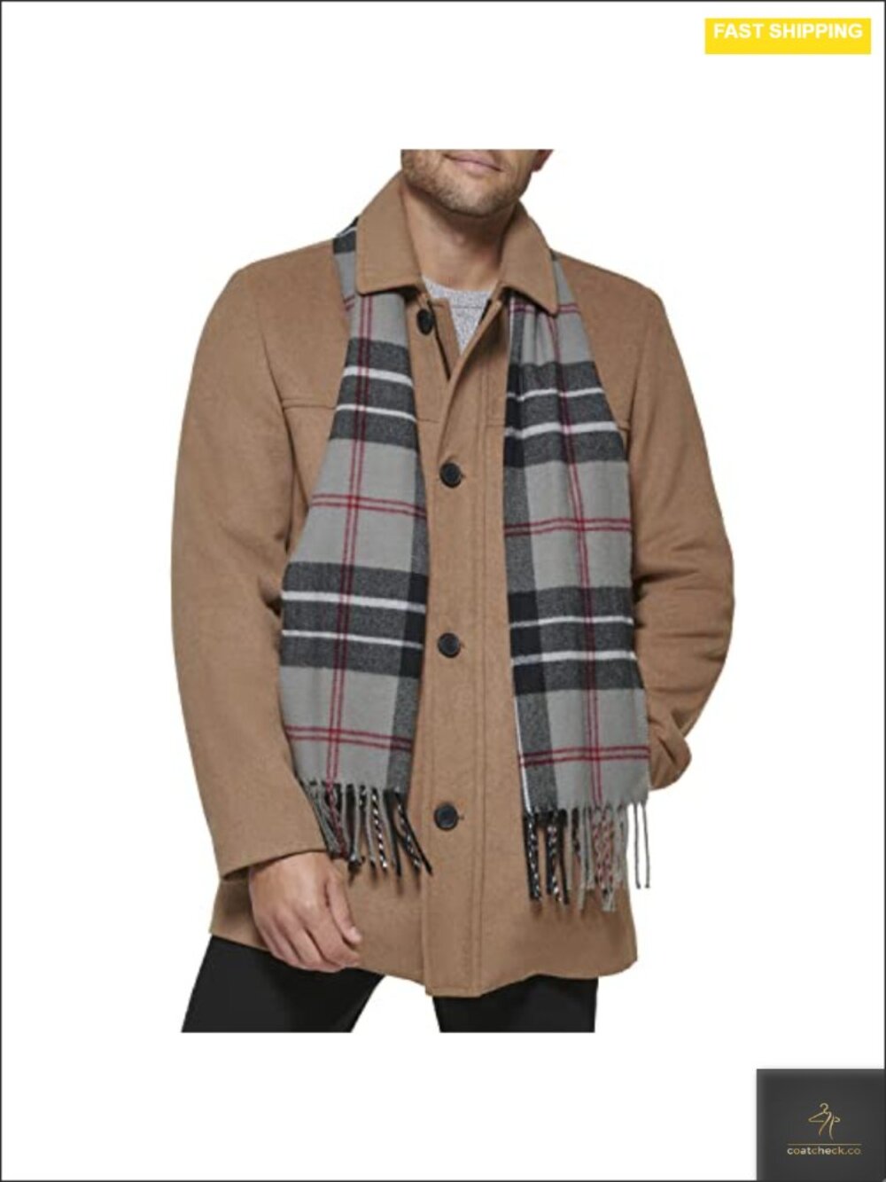 Men's Wool Blend Mid-Length Coat with Detachable Scarf Relaxed Fit